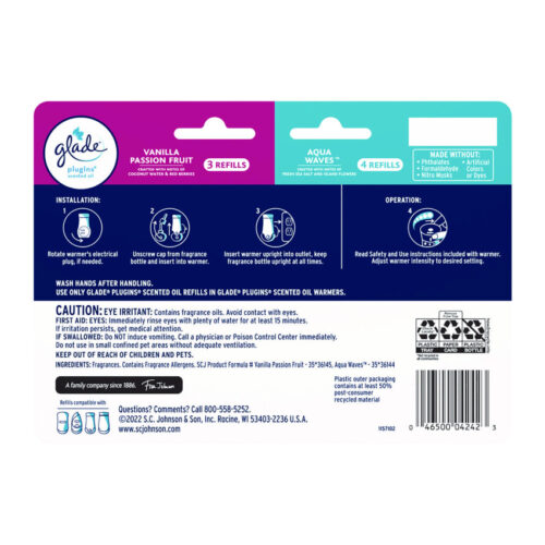 Glade Plugins Scented Oil Refill, Aqua WavesVanilla Passionfruit, 0.67 oz, 7Pack (SJN350783)