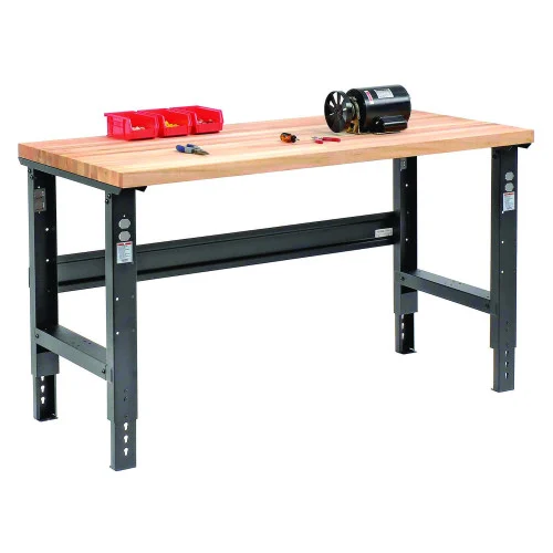 Global Industrial Standard Duty Butcher Block Top Adjustable Height Workbench, 2,000 lbs, 60 x 30 x 30.88 to 36.88, Black (GBE183166BK)