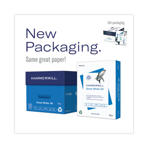 Hammermill Great White 30 Recycled Print Paper, 92 Bright, 20 lb Bond Weight, 8.5 x 11, White, 500 SheetsReam, 5 ReamsCarton (HAM86710)