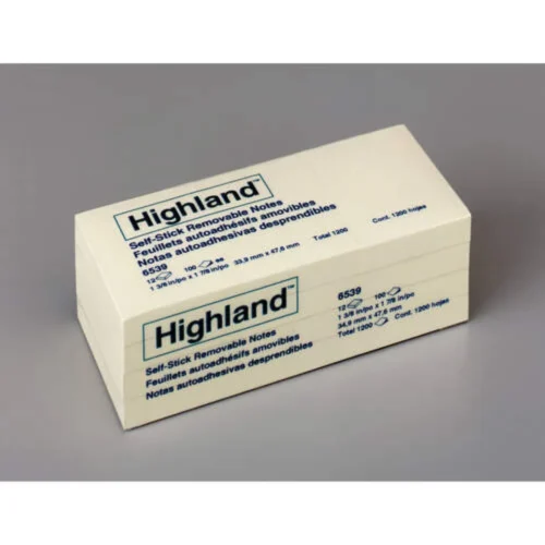 Highland Self-Stick Notes, 1.38 x 1.88, Yellow, 100 SheetsPad, 12 PadsPack (MMM6539YW)