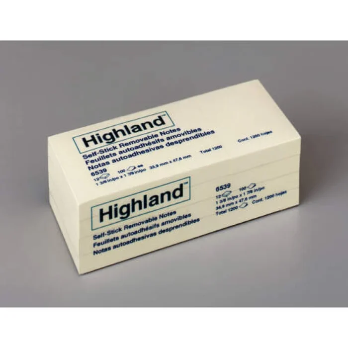 Highland Self-Stick Notes, 1.38 x 1.88, Yellow, 100 SheetsPad, 12 PadsPack (MMM6539YW)