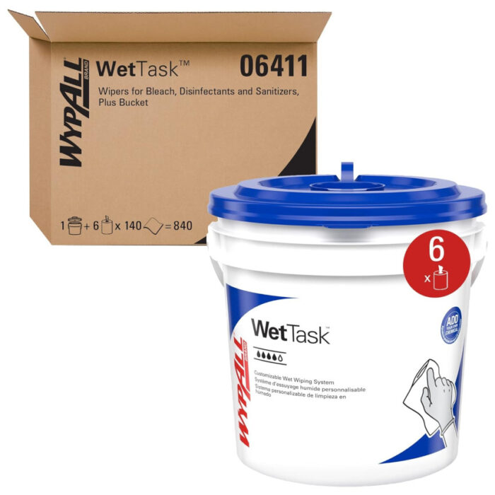 All Critical Clean Wipers for Bleach, Disinfectants, Sanitizers WetTask Customizable Wet Wiping System, w/Bucket,140/Roll, 6/CT (KCC06411)