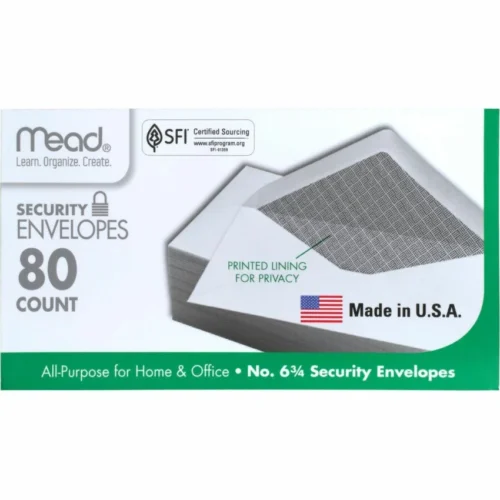Mead Security Tint Business Envelopes, #6 34, Monarch Flap, Gummed Closure, 3.63 x 6.5, White, 80Box (MEA75212)