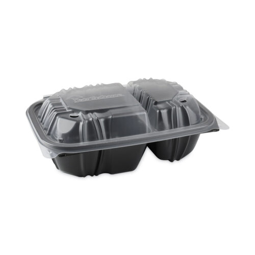 Pactiv Evergreen EarthChoice Vented Dual Color Microwavable Hinged Lid Container, 2-Compartment, 20 oz, 9x6x3, BlackClear, Plastic, 140CT (PCTDC962200B000)