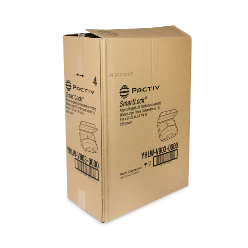 Pactiv Evergreen SmartLock Vented Foam Hinged Lid Container, 3-Compartment, 9 x 9.25 x 3.25, White, 150Carton (PCTYHLWV9030000)