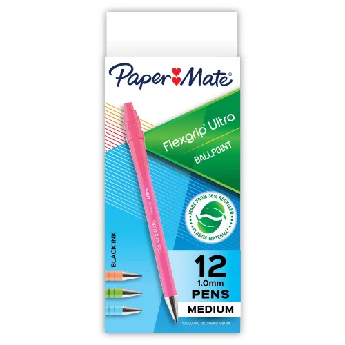 Paper Mate FlexGrip Ultra Recycled Ballpoint Pen, Retractable, Medium, 1 mm, Black Ink, Assorted Barrels, Dozen (PAP2204001)