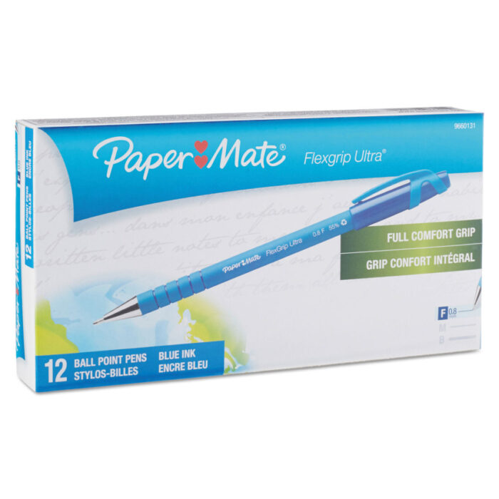 Paper Mate FlexGrip Ultra Recycled Ballpoint Pen, Stick, Fine 0.8 mm, Blue Ink, Blue Barrel, Dozen (PAP9660131)