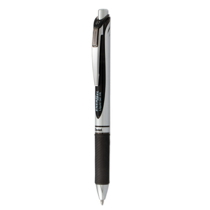 Pentel EnerGel RTX Gel Pen, Retractable, Medium 0.7 mm, Black Ink, BlackSilver Barrel, Dozen (PENBL77PC12A1)