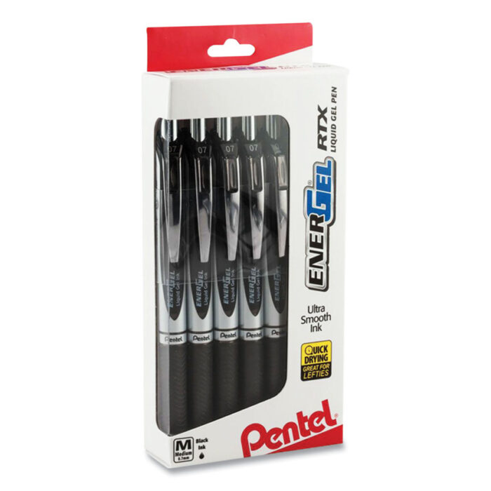 Pentel EnerGel RTX Gel Pen, Retractable, Medium 0.7 mm, Black Ink, BlackSilver Barrel, Dozen (PENBL77PC12A1)