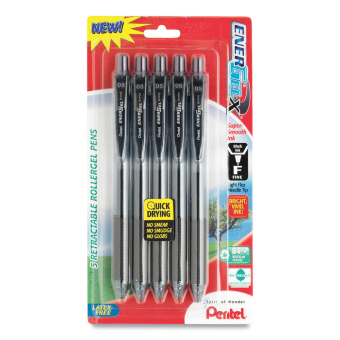 Pentel EnerGel-X Gel Pen, Retractable, Medium 0.7 mm, Black Ink, SmokeBlack Barrel, 5Pack (PENBL107BPS5A)