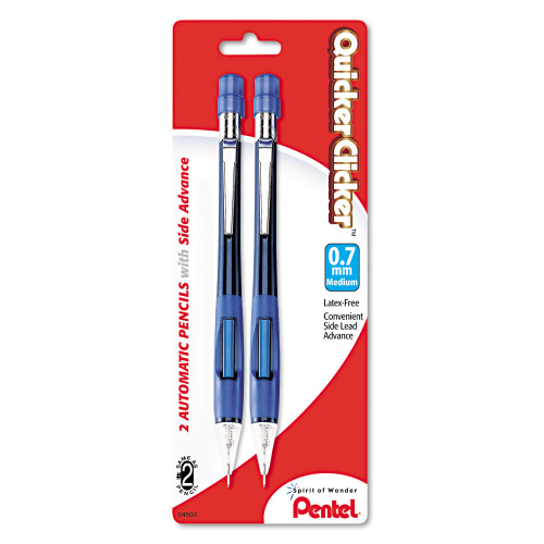 Pentel Quicker Clicker Mechanical Pencil, 0.7 mm, HB (#2), Black Lead, Blue Barrel, 2Pack (PENPD347BP2K6)