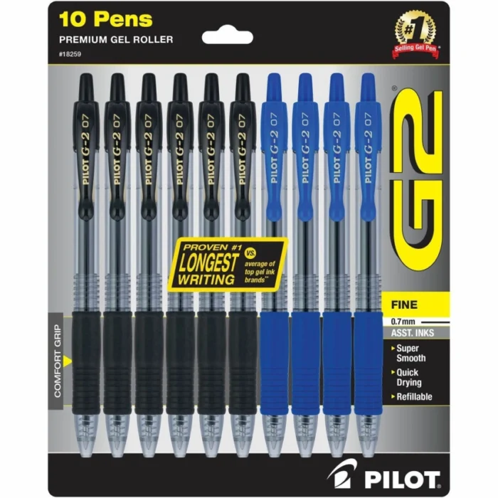 Pilot G2 Premium Gel Pen, Retractable, Fine 0.7 mm, Assorted InkBarrel Colors, 10Pack (PIL18259)