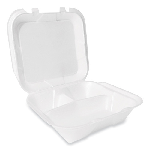 Plastifar Foam Hinged Lid Container, Secure Two Tab Latch, Poly Bag, 3-Compartment, 9 x 9 x 3, White, 100Bag, 2 BagsCarton (PST12094)