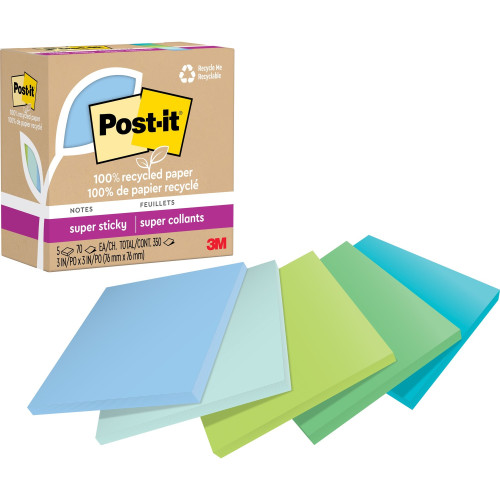 Post-it Notes 100% Recycled Paper Super Sticky Notes, 3 x 3, Oasis, 70 SheetsPad, 5 PadsPack (MMM654R5SST)