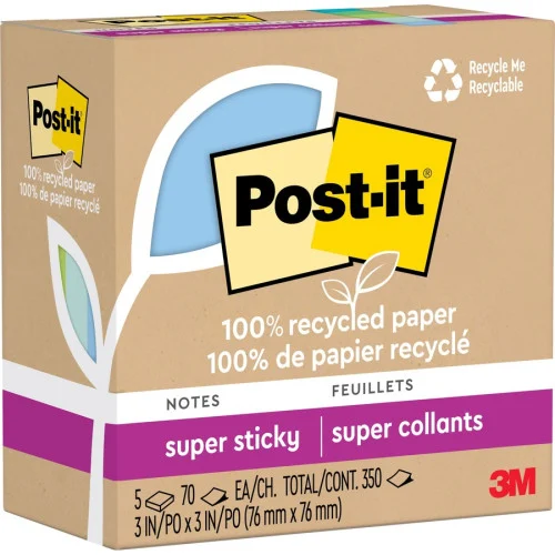 Post-it Notes 100% Recycled Paper Super Sticky Notes, 3 x 3, Oasis, 70 SheetsPad, 5 PadsPack (MMM654R5SST)