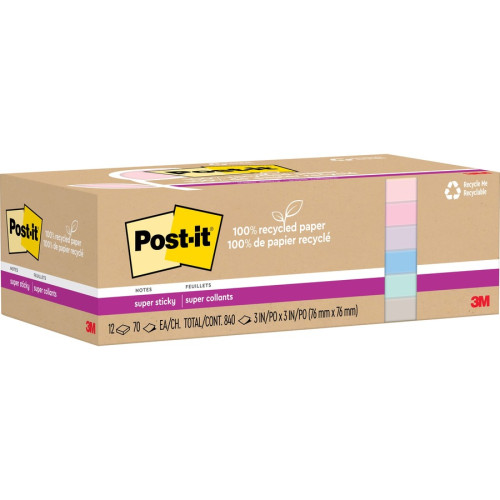 Post-it Notes 100% Recycled Paper Super Sticky Notes, 3 x 3, Wanderlust Pastels, 70 SheetsPad, 12 PadsPack (MMM654R12SSNRP)