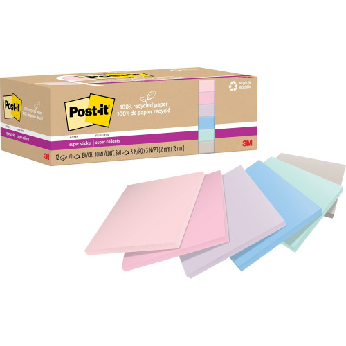 Post-it Notes 100% Recycled Paper Super Sticky Notes, 3 x 3, Wanderlust Pastels, 70 SheetsPad, 12 PadsPack (MMM654R12SSNRP)