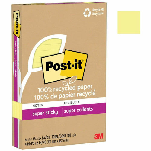 Post-it Notes 100% Recycled Paper Super Sticky Notes, Ruled, 4 x 6, Canary Yellow, 45 SheetsPad, 4 PadsPack (MMM4621R4SSCY)
