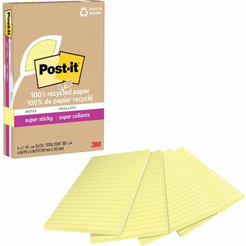 Post-it Notes 100% Recycled Paper Super Sticky Notes, Ruled, 4 x 6, Canary Yellow, 45 SheetsPad, 4 PadsPack (MMM4621R4SSCY)