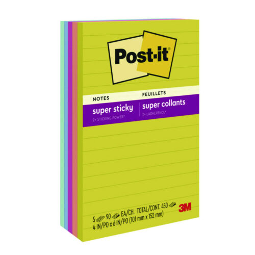 Post-it Notes Note Pads in Summer Joy Color Collection Colors, 4 x 6, Note Ruled, 90 SheetsPad, 5 PadsPack (MMM6605SSJOY)