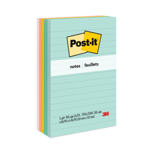 Post-it Notes Original Pads in Beachside Cafe Collection Colors, Note Ruled, 4 x 6, 100 SheetsPad, 5 PadsPack (MMM6605PKAST)