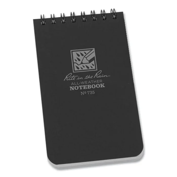 Rite in the Rain All-Weather Wire-O Notepad, Universal Narrow Rule and Quadrille Rule, Black Cover, 50 White 3 x 5 Sheets (RIR735)