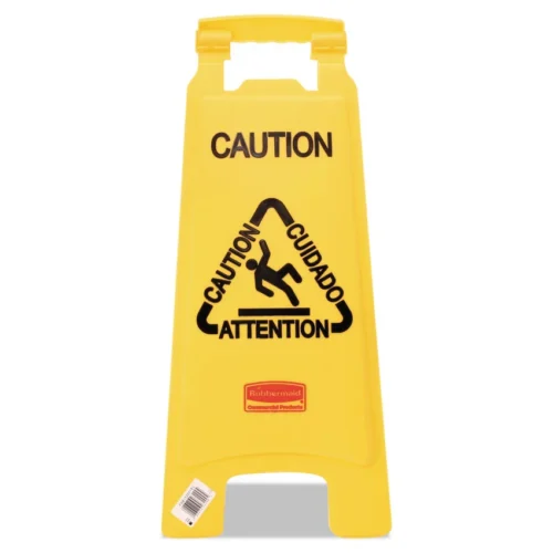 Rubbermaid Commercial Multilingual Caution Floor Sign, 11 x 12 x 25, Bright Yellow (RCP611200YW)