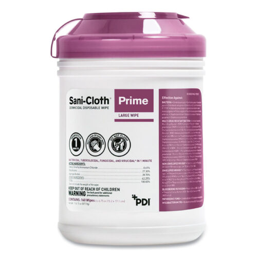 Sani Professional Sani-Cloth Prime Germicidal Disposable Wipes, Large, 1-Ply, 6 x 6.75, Unscented, White, 160Canister, 12 CanistersCarton (PDIP25372)
