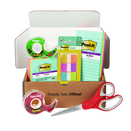 Scotch Office Essentials Kit, 7 Pads Assorted Super Sticky Notes, 1 Pack Flags, Roll Magic Tape, Roll Super-Hold Tape, 1 Scissors (MMMSPIPK)