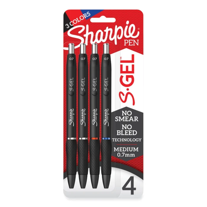 Sharpie S-Gel High-Performance Gel Pen, Retractable, Medium 0.7 mm, Assorted Ink Colors, Black Barrel, 4Pack (SAN2096174)