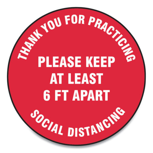 Slip-Gard Floor Signs, 17 Circle, Thank You For Practicing Social Distancing Please Keep At Least 6 ft Apart, Red, 25Pack (GN1MFS423ESP)