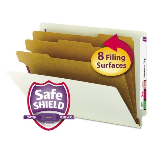 Smead End Tab Pressboard Classification Folder, Eight SafeSHIELD Fasteners, 3 Expansion, 3 Dividers, Letter Size, Gray-Green,10BX (SMD26820)