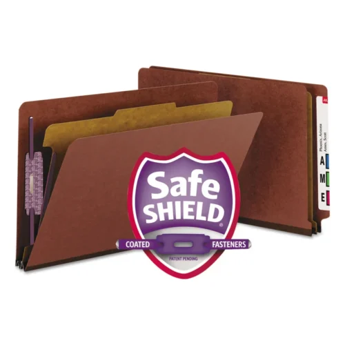 Smead End Tab Pressboard Classification Folders, Four SafeSHIELD Fasteners, 2 Expansion, 1 Divider, Legal Size, Red, 10Box (SMD29855)