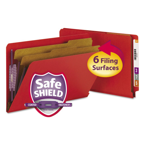Smead End Tab Pressboard Classification Folders, Six SafeSHIELD Fasteners, 2 Expansion, 2 Dividers, Legal Size, Bright Red, 10Box (SMD29783)