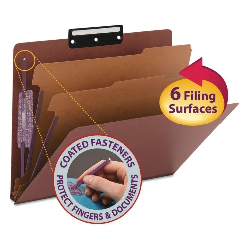 Smead Pressboard Classification Folders, Six SafeSHIELD Fasteners, 13-Cut Tabs, 2 Dividers, Letter Size, Red, 10Box (SMD14230)