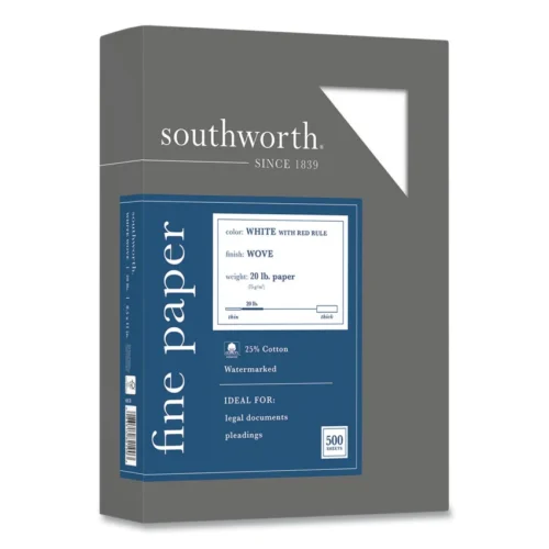 Southworth 25% Cotton Business Paper, Red Margin Rule, 95 Bright, 20 lb Bond Weight, 8.5 x 11, White, 500 SheetsReam (SOU403CR)