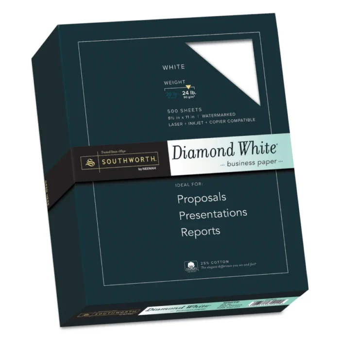 Southworth 25% Cotton Diamond White Business Paper, 95 Bright, 24 lb Bond Weight, 8.5 x 11, 500/Ream (SOU3122410)