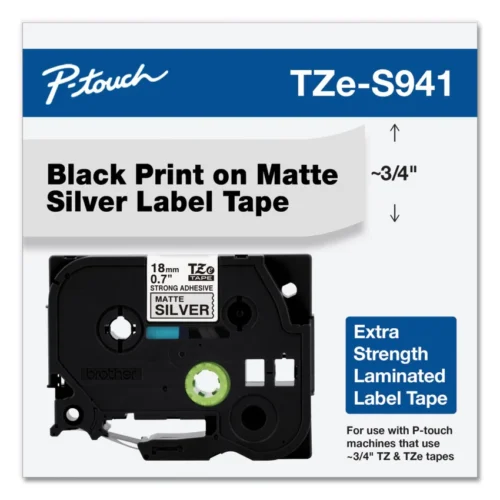 TZ Extra-Strength Adhesive Laminated Labeling Tape, 0.7 x 26.2 ft, Black on Matte Silver (BRTTZES941)