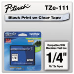 TZe Standard Adhesive Laminated Labeling Tape, 0.23 x 26.2 ft, Black on Clear (BRTTZE111)