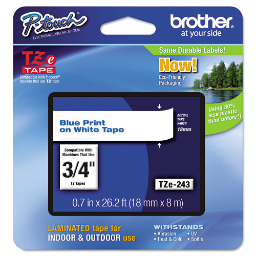 TZe Standard Adhesive Laminated Labeling Tape, 0.7 x 26.2 ft, Blue on White (BRTTZE243)
