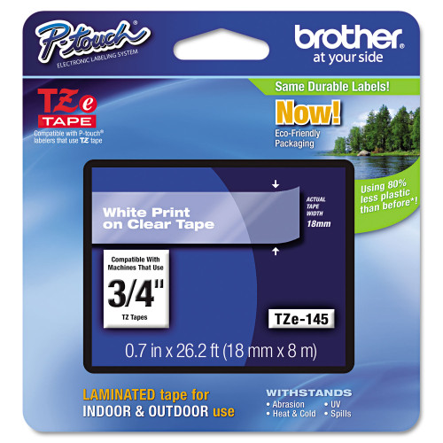 TZe Standard Adhesive Laminated Labeling Tape, 0.7 x 26.2 ft, White on Clear (BRTTZE145)