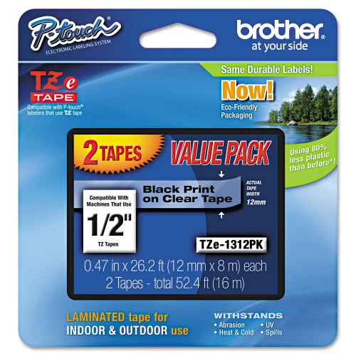 TZe Standard Adhesive Laminated Labeling Tapes, 0.47 x 26.2 ft, Black on Clear, 2Pack (BRTTZE1312PK)