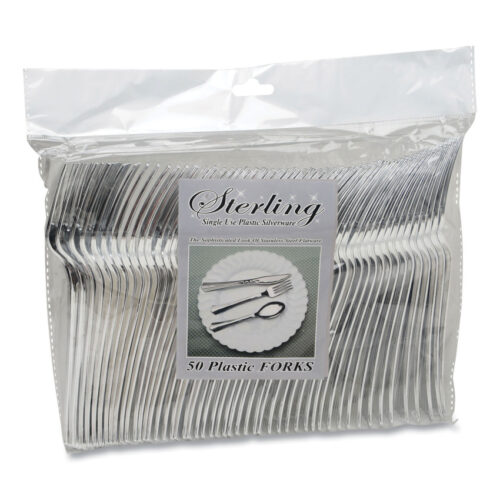 Tablemate Sterling Heavy-Duty Plastic Cutlery, Forks, Silver, 50Pack (TBL8305FSV)