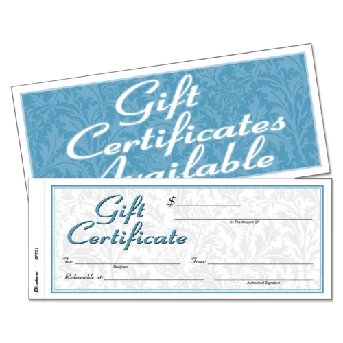 The Adams Gift Certificates come in a convenient book with 25 consecutively numbered, two-part carbonless certificates. Each certificate features a white and canary paper sequence and includes matching envelopes. A Gift Certificates Available sign is also included. The certificates are rectangular, measuring 8 x 3.4.