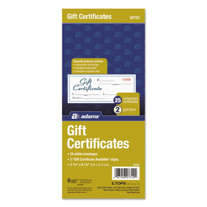 The Adams Gift Certificates come in a convenient book with 25 consecutively numbered, two-part carbonless certificates. Each certificate features a white and canary paper sequence and includes matching envelopes. A Gift Certificates Available sign is also included. The certificates are rectangular, measuring 8 x 3.4.