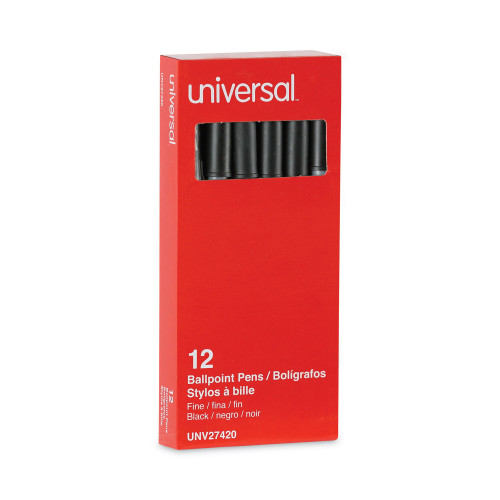 Universal Ballpoint Pen, Stick, Fine 0.7 mm, Black Ink, GrayBlack Barrel, Dozen (UNV27420)