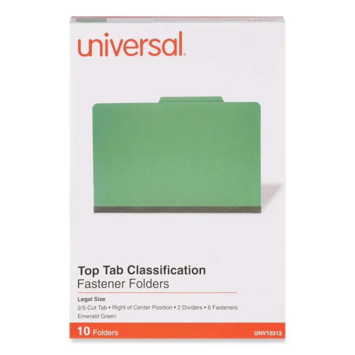 Universal Bright Colored Pressboard Classification Folders, 2 Expansion, 2 Dividers, 6 Fasteners, Legal Size, Emerald Green, 10Box (UNV10312)