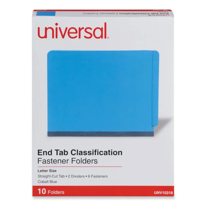 Universal Deluxe Six-Section Pressboard End Tab Classification Folders, 2 Dividers, 6 Fasteners, Letter Size, Cobalt Blue, 10Box (UNV10318)