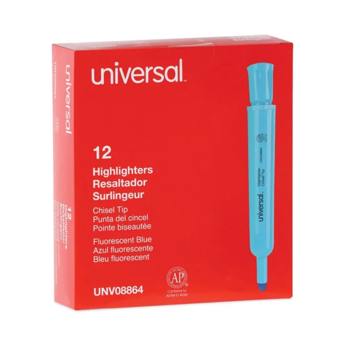 Universal Desk Highlighters, Fluorescent Blue Ink, Chisel Tip, Blue Barrel, Dozen (UNV08864)