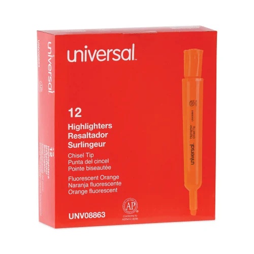 Universal Desk Highlighters, Fluorescent Orange Ink, Chisel Tip, Orange Barrel, Dozen (UNV08863)